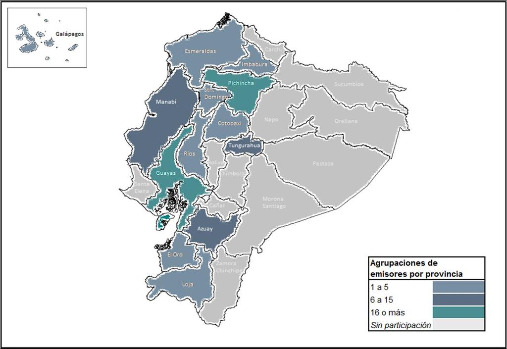Mapa de emisores Fuente: BVQ Elaboración: Departamento Técnico Emisor Provincia Azuay 9 Cotopaxi 3 El Oro 1