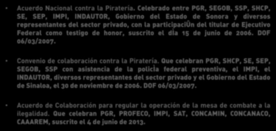 Normatividad ACUERDOS Y CONVENIOS CONTRA LA PIRATERÍA Acuerdo Nacional contra la Piratería.