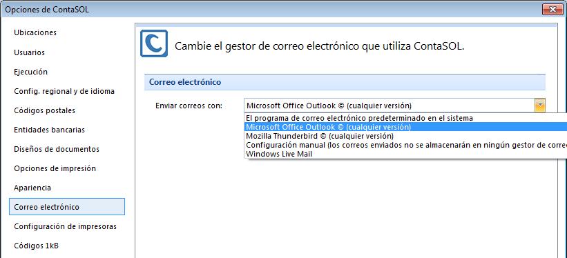 Dispones de las siguientes opciones: El programa de correo electrónico predeterminado en el sistema Microsoft office Outlook Mozzilla Thunderbird : Seleccionando esta opción, tendrás que indicar a