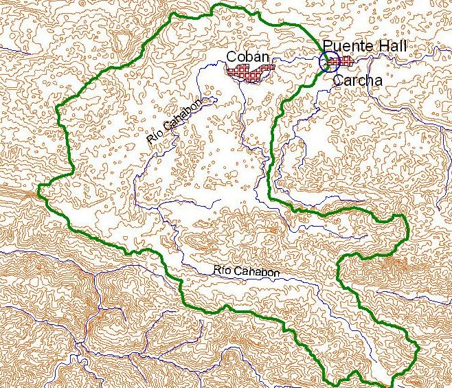 Figura 2 Cuenca del río Cahabón hasta el puente Hall Se puede observar que el sistema de drenaje está definido principalmente por un canal principal al cual drenan unos pocos cauces relevantes,