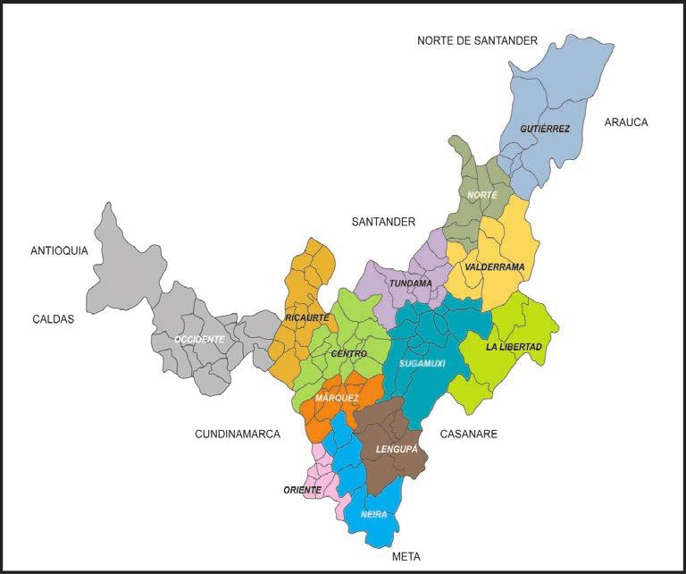 Generalidades del Departamento de Boyacá Occidente Alto, Oriente, Sugamuxi, Márquez y Ricaurte Bajo); en contraste, las regiones más alejadas de Bogotá tienen las menores densidades (Cubará, La