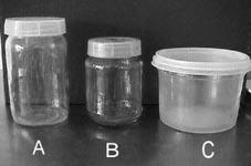 150 Figura 1. Representación de diferentes frascos de cultivo evaluados en el proceso productivo de las biofábricas A (350 ml), B (250 ml), C (500 ml).