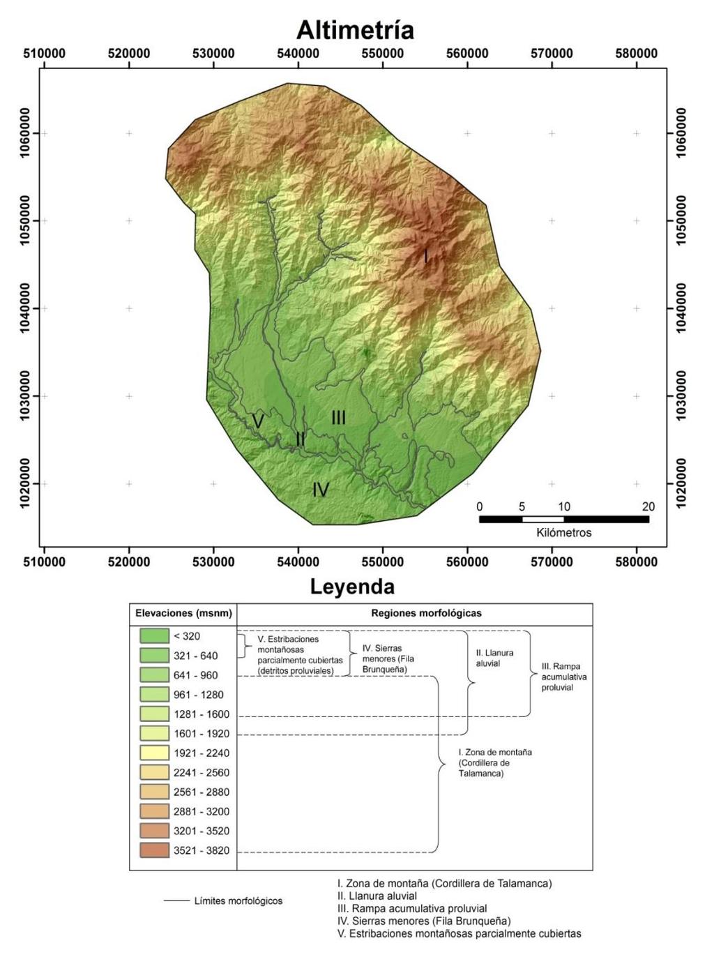 Mapa altimetrico: regiones morfológicas I. Zona de montaña (Cordillera de Talamanca): 960 3820 msnm II. Llanura aluvial: 320 1920 msnm III.