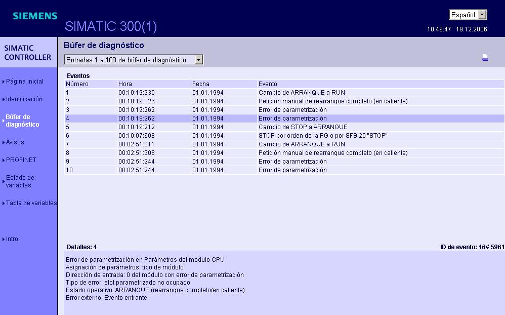 Comunicación 3.3 Servidor web 3.3.2.3 Búfer de diagnóstico Búfer de diagnóstico El navegador muestra el contenido del búfer de diagnóstico en la página web Búfer de diagnóstico.
