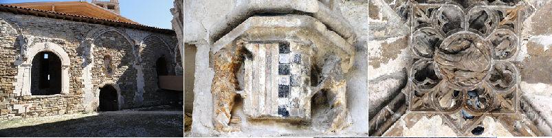 ❷ Escudo dividido de los palos de Aragón y el ajedrezado de Urgel, armas de los condes de la tercera dinastía❸ Una de las claves de ala sur del claustro.