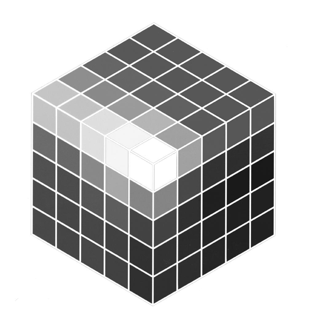 18.2. Sobre un cubo en perspectiva isométrica (figura 2), reproduce el estudio que realizó Hickethier sobre los colores (utiliza en los vértices colores distintos a los del libro) Solución: figura 3