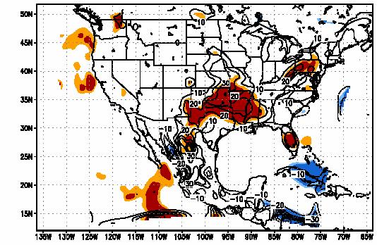Cambio en la precipitación simulada por el modelo regional desde 1980 (promedio del verano) La precipitación en el este de México y los EE.UU. aumenta, pero en el oeste disminuye.