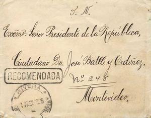 El mismo circulo de Rivera a Montevideo el 23 de abril de 1906; posee fechador circular de Rivera y marca cuadrangular de control de Certificación de la Oficina de