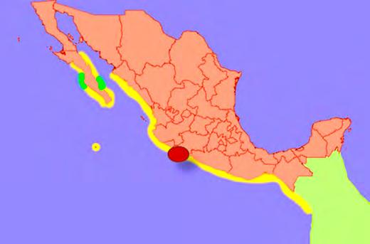 Mapa de las principales zonas de alimentación (en color amarillo) y anidación (naranja y verde) en México.