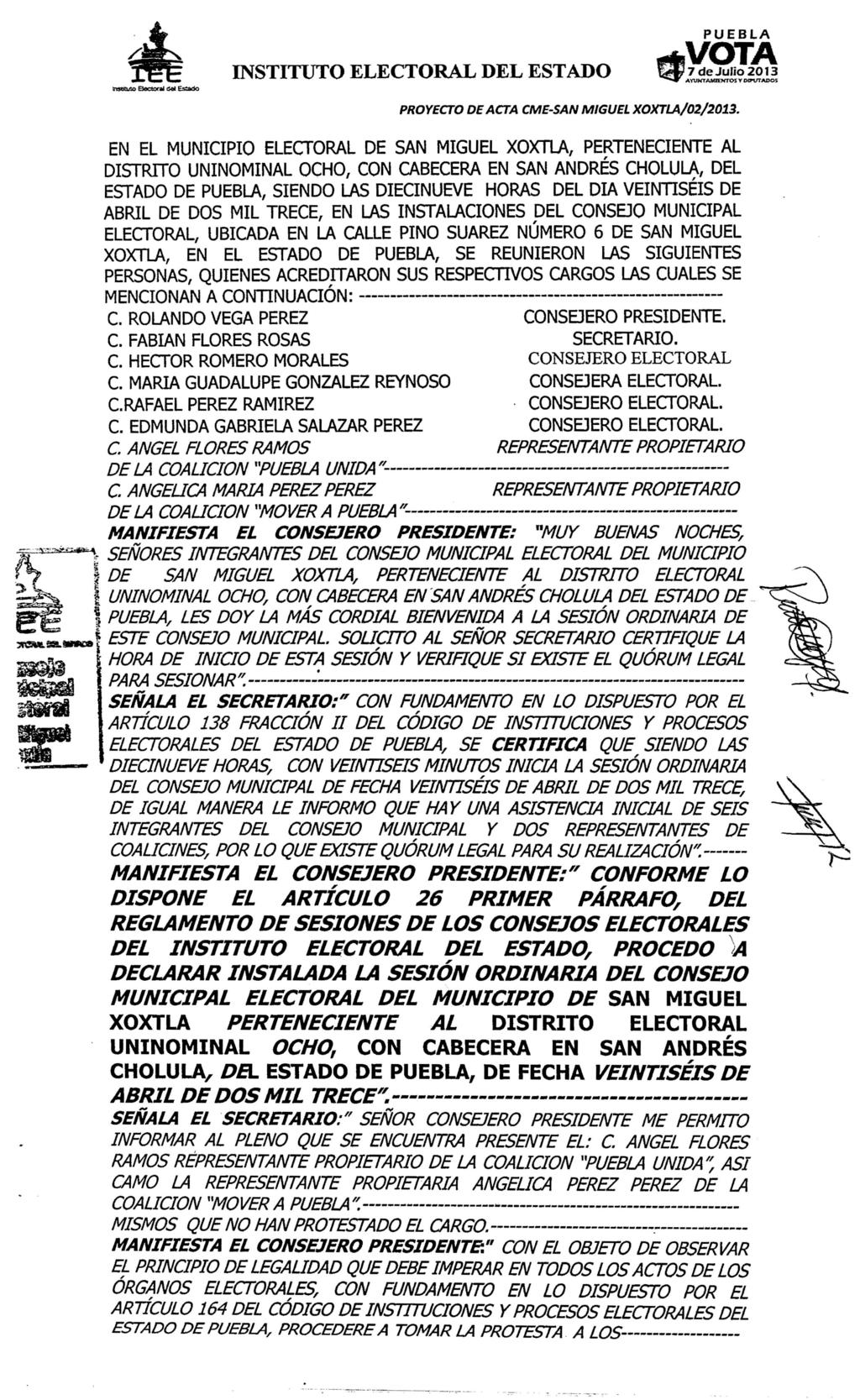 ln:s:tii:v.o Bectora& Gel Es:ado 1 PROYECTO DE ACTA CME-SAN MIGUEL XOXTLA/02/201.3.