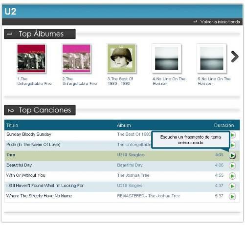 Búsqueda En una búsqueda por artista, en este caso U2, la pantalla queda dividida en 2 apartados: 1.Top Álbumes de ese artista 2.