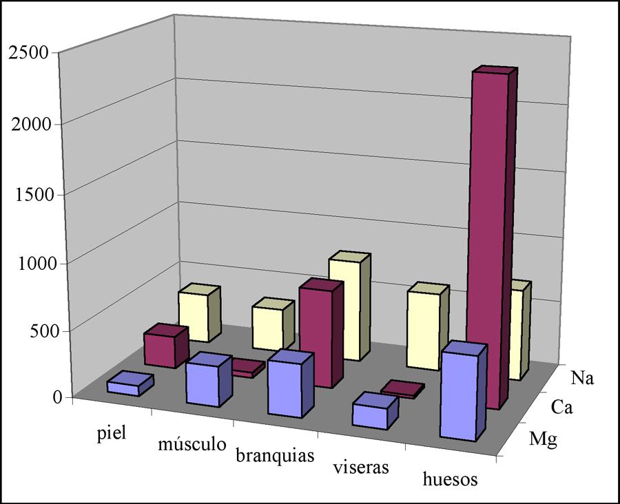 Figura 2 B. Concentración bioacumulada de Na, Ca y Mg por cada órgano del pez (escala en mg/100gm).