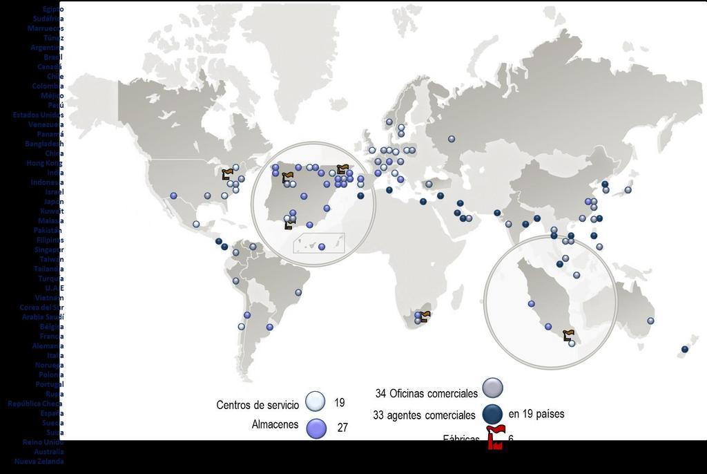 1.2 Sociedades Comercializadoras A 31 de diciembre de 2016, la red comercial del Grupo Acerinox presente en 48 países está compuesta por 19 centros de servicios, 27 almacenes y 34 oficinas
