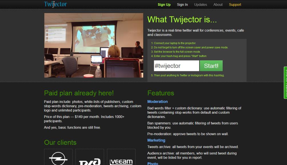 14 de 16 Twijector http://twijector.com/ Se trata de una herramienta de pago pero que presenta interesantes utilidades para poderla usar en presentaciones, eventos, conferencias e incluso aulas.