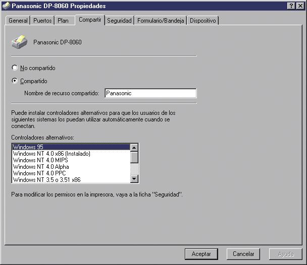 Configuración Conexión para impresora de puerto de red Configuración compartida para el servidor de impresión de red (Windows NT Server) 4 clic con el botón secundario en la impresora que desee