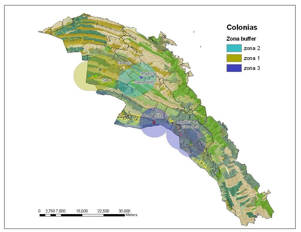 Figura 1. Zonas buffer de las Colonias en el Parque Nacional Cumbres de Monterrey En las colonias donde se realizará el monitoreo, se incluirán los siguientes valores: Cuadro 3.