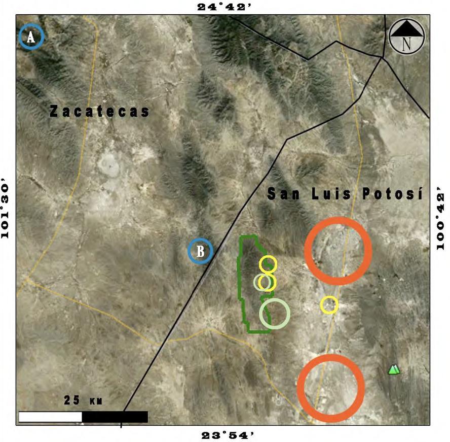 Figura 1. Los círculos indican las zonas donde se han realizado los muestreos de los murciélagos. Levantamiento de la información 2.