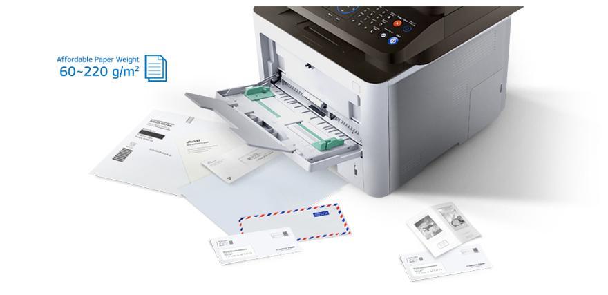 La bandeja multiusos maneja papel de hasta 220 gsm (gramos sobre metro cuadrado), que ofrece más opciones de impresión para documentos