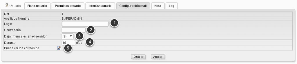servidor al descargarlos a Dolibarr(*) (4) Indicar el número de días que los mensajes permanecerán en el servidor(*) (5) Configuración para que el usuario pueda ver correos de