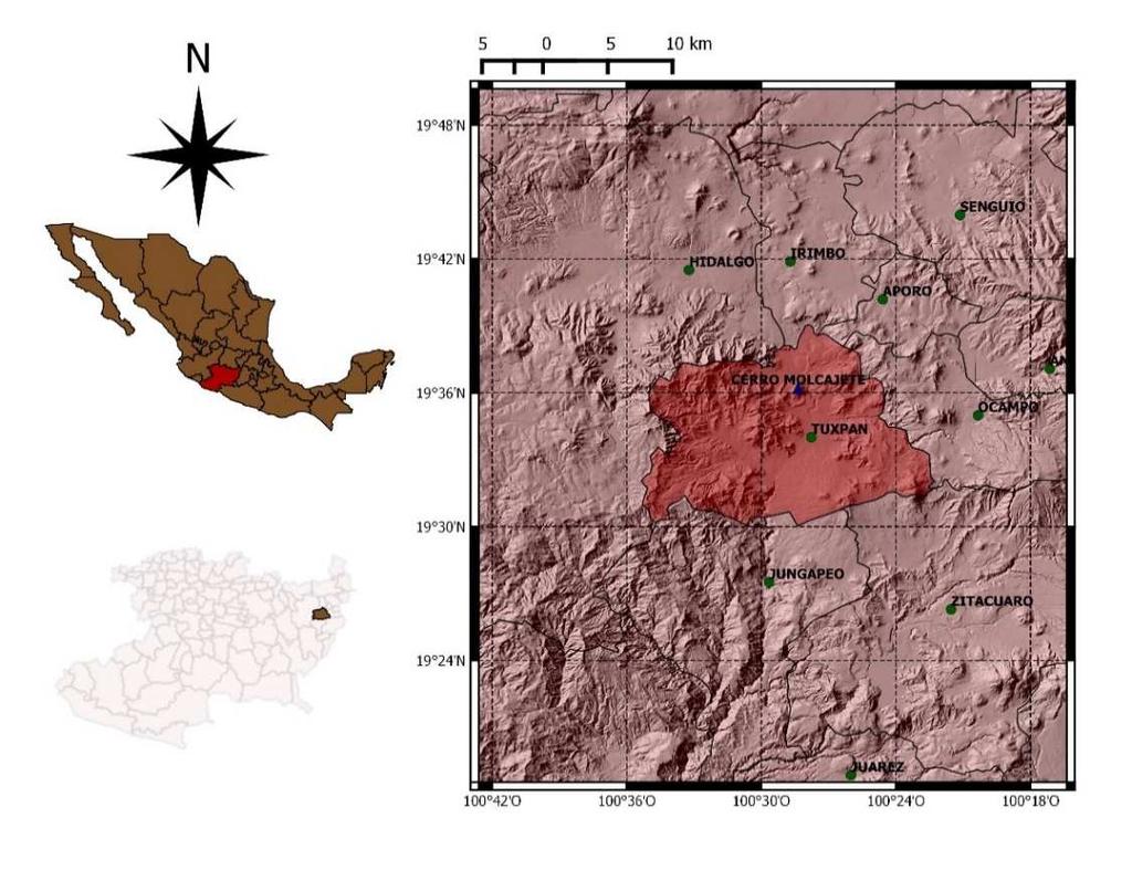Caracterización física del área de estudio El Cerro el Molcajete se ubica en la comunidad de Palmitas en la parte Norte del municipio de Tuxpan, Michoacán, se encuentra entre las coordenadas 19º35 40.