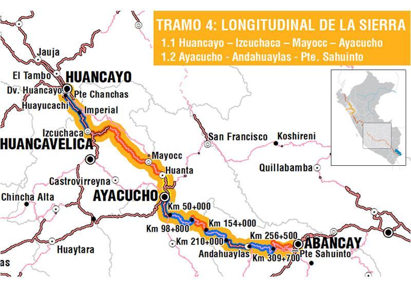 CONCESIONES EN CARRETERAS: LONGITUDINAL DE LA SIERRA TRAMO 4 NO CONVOCADO Ubicación: Junín, Huancavelica, Ayacucho y Apurímac. Ciudades que comprende: Huancayo, Izcuchaca, Mayocc y Ayacucho.