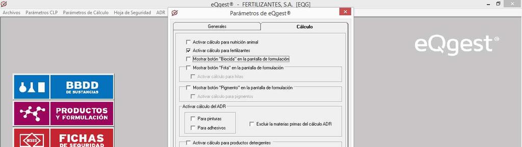 Manual de usuario de eqgest Agroquímicos Para poder comenzar a utilizar la versión especializada de EQGEST AGROQUIMICOS debemos entrar en la pestaña de General > Parámetros.