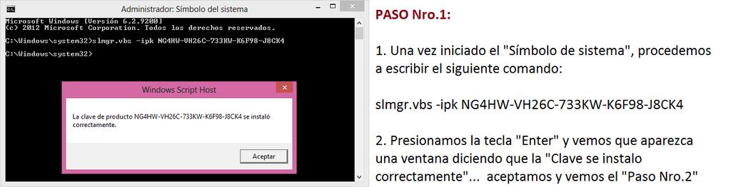 PASO Nro.2: 1. Ahora introducir el siguiente comando, reemplazar por el servidor que este en línea: slmgr /skms kms.cc.columbia.