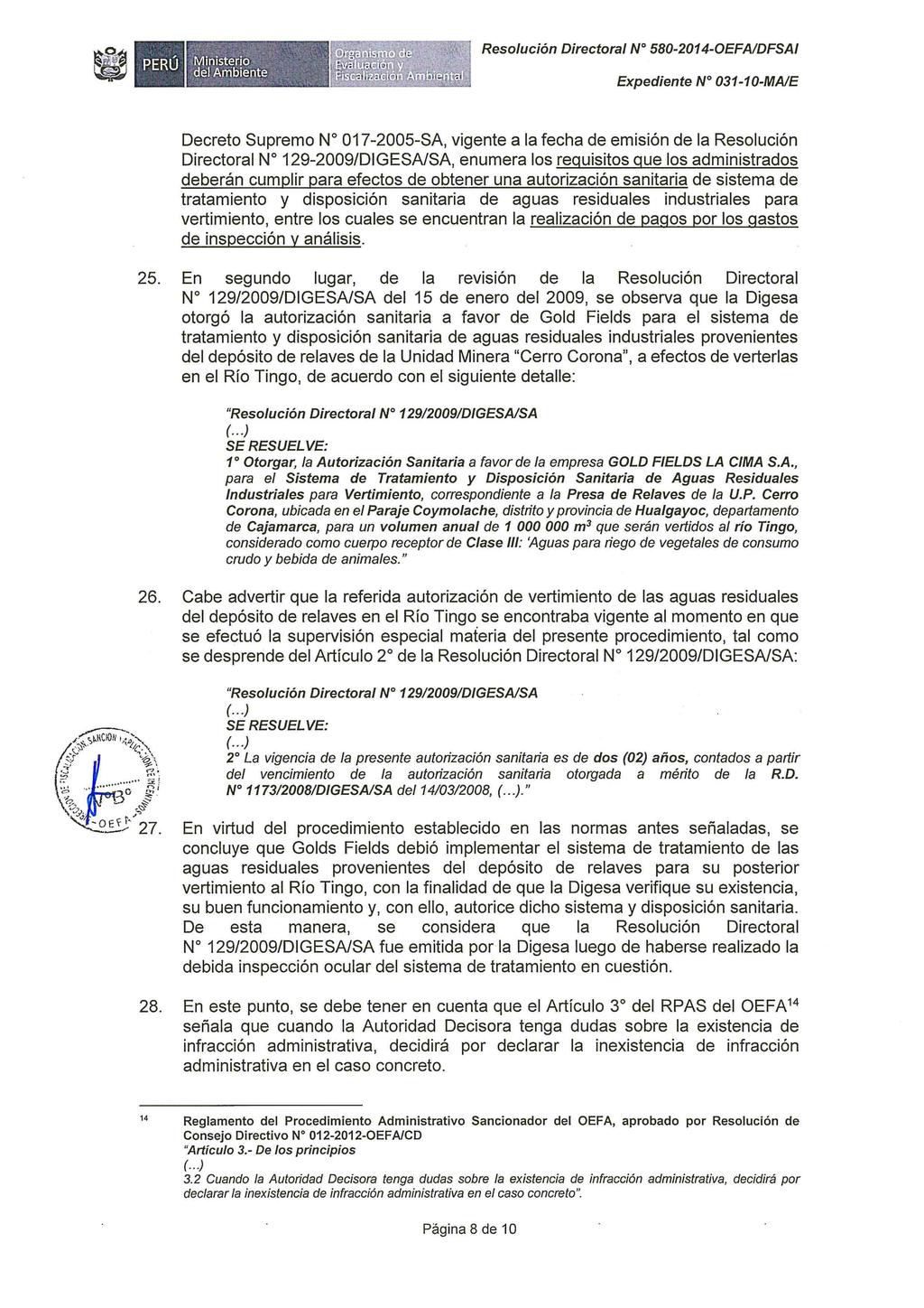 ~ ~, 1 Resolución Directora/ W 580-2014-0EFA/DFSA/ ;Míñisterici :, _. ;,.- del Ambiente. ' ~...". ',.- -.. ; Decreto Supremo No 017-2005-SA, vigente a la fecha de emisión de la Resolución Directora!