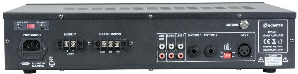 REPRODUCTOR INTERNO USB/SD, SINTONIZADOR DE FM Y RECEPTOR BLUETOOTH 110/230Vac, 50/60Hz (IEC) Case format 19 Rack 2U DC power 24Vdc (screw terminals) Inputs Mic XLR, 2 x mic/line jack, 2 x RCA line