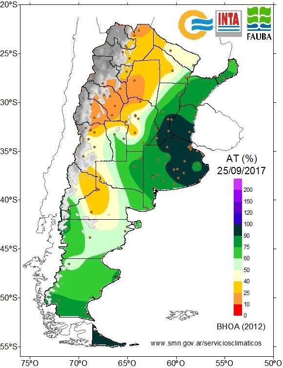 Balance de agua en el suelo al 25 de Septiembre de 2017 Fig. 07: Agua útil (%) en la capa arable al 25/09/17. Fig. 08: Agua total (%) en el perfil del suelo al 25/09/17.