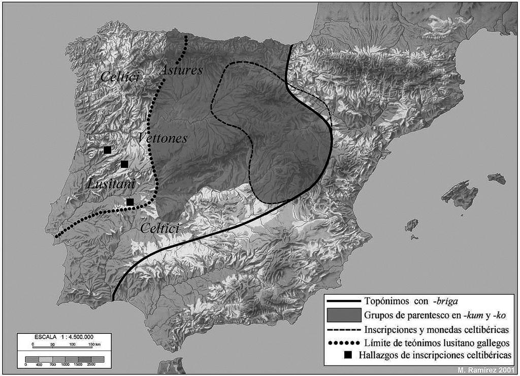 Manuel Ramírez Sánchez Fig. 1. Distribución de los grupos de parentesco en -kum y -ko en la Hispania indoeuropea, según J. Untermann (1997).