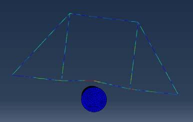 Figura 4: Modelo construido y simulación posterior al impacto La evaluación que se realizo a ambos modelos, fue la medición geométrica de la máxima deformación plástica en el punto de impacto, para