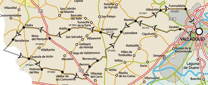 Desde aquí seguimos por la VA-705 hasta Benafarces, donde comienza el retorno hacia la capital tomando la VP-6601 hacia Casasola de Arión y Pedrosa del Rey, perteneciente a la D. O.
