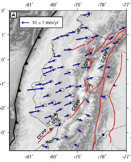 Fuente: Alvarado et al, 2016 Contexto Geodinámico Afectado por la subducción (Nazca Sudamericana) A través de medidas de GPS de alta precisión conocemos los desplazamientos del Ecuador continental.