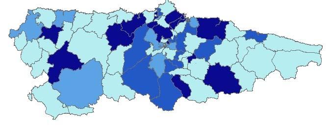 8.4. Mapa de la incidencia de TB por Zonas Básicas y Zonas Especiales de Salud, Asturias 213 Tasa de TB por 1.