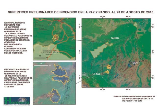 Figura 5. Boletín cuantificando las cicatrices de quemas tomadas por los satélites Landsat y MODIS del Norte Amazónico de Bolivia. En fecha 17de agosto y publicadas el 23 del mismo mes.
