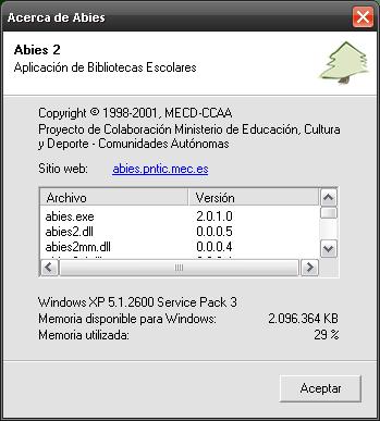 ABIES.EXE es la 2.0.1.0. Antes de abrir Abies deberá realizar todas las actualizaciones, hasta la 2.0.8.