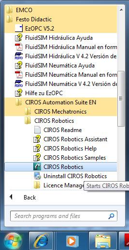10 Figura 8. Búsqueda del programa CIROS Robotics dentro de Todos los Programas de Windows 7. 2. Una vez abierta la aplicación, el primer paso es crear un proyecto en File New Project Wizard Figura 9.
