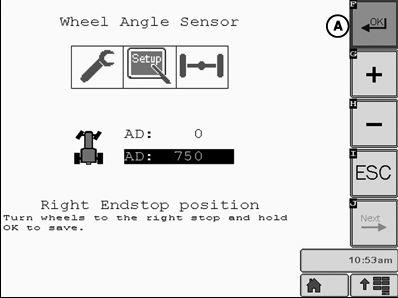 Controlador AutoTrac Reichhardt Calibración de sensor de ángulo de ruedas a izquierda 1. Virar las ruedas a la izquierda hasta el tope y retenerlas allí. 2.