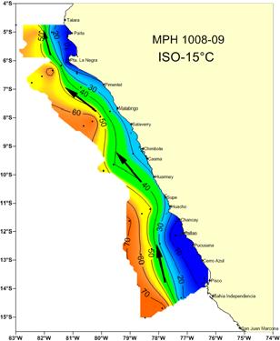 El afloramiento costero presentó su mayor intensidad a lo largo de la zona costera, donde se obtuvieron concentraciones típicas de afloramiento menores a 4,mL/L, destacando las áreas frente a,