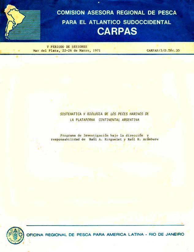 23 Trabajos ictiológicos REFI, S. M. 1973. Rhinobatos horkelii Müller & Henle, 1841 en aguas de la plataforma continental argentina. Neotropica 19(58): 1-4. REFI, S. M. 1975.