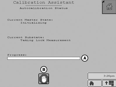 Controlador AutoTrac Raven La pantalla de calibración automática aparecerá cuando se pulse el botón de reanudación. La barra de progreso (A) se llenará durante el proceso de calibración.
