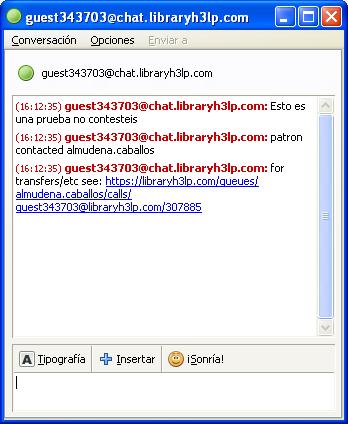 1.2.1 Consulta de un usuario Cuando un usuario lanza una pregunta a través del Chat de la web, el bibliotecario recibe una notificación en su ordenador que viene acompañada de un sonido.