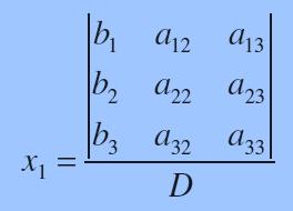 REGLA DE CRAMER Esta regla establece que cada incógnita de un sistema de ecuaciones lineales algebraicas puede expresarse como una fracción de dos determinantes.