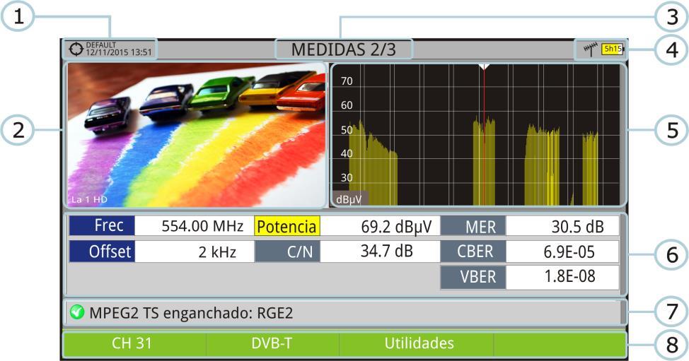 MEDIDAS 2/3: MEDIDAS + TV + ESPECTRO Figura 25. Instalación seleccionada; fecha y hora. Imagen de la señal sintonizada. Número de vista/total de vistas. Banda seleccionada; Nivel de batería.