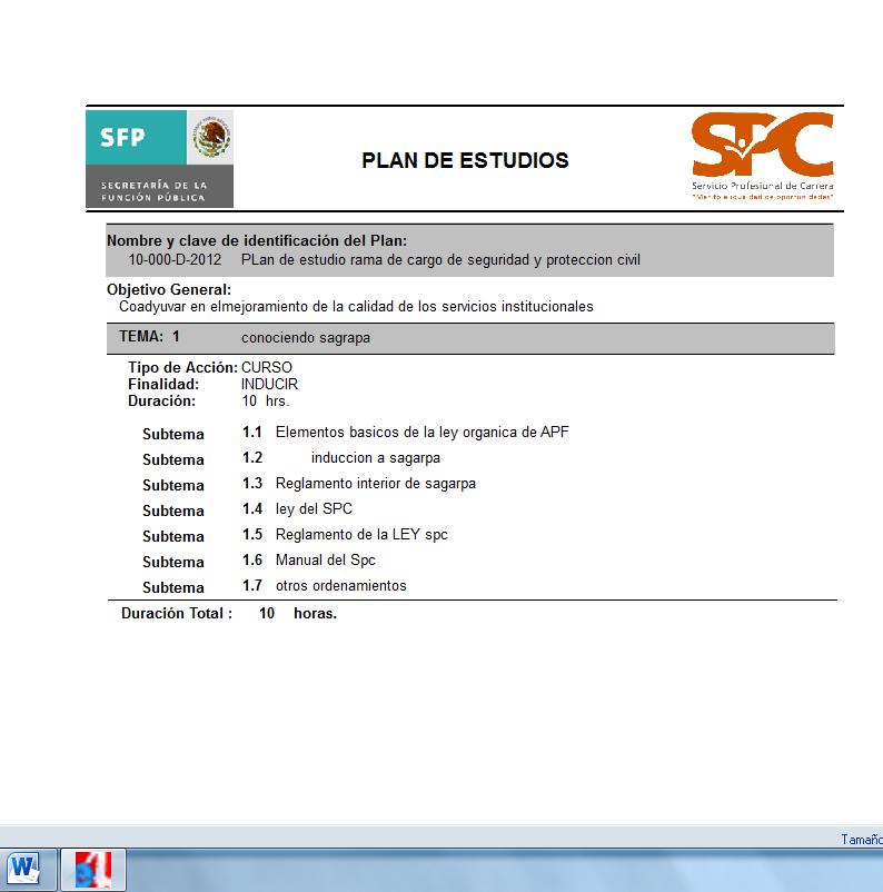 Ejemplo del Reporte de planes de estudios: Para consultar el reporte de plan de estudio por Rama de Cargo de