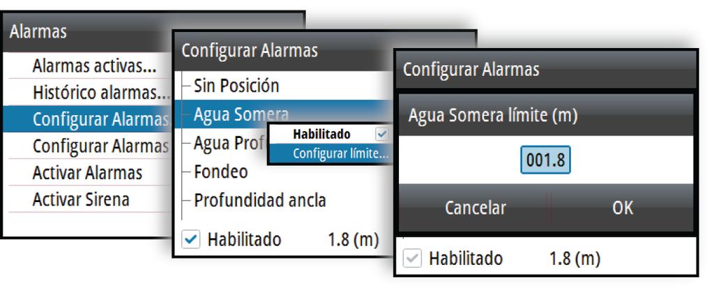 Ajustes de la alarma individual Puede activar o desactivar la única alarma y definir los límites de alarma desde el cuadro de diálogo Configuración de las