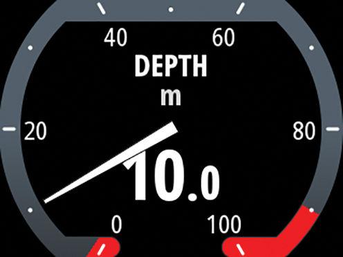 de profundidad de pantalla completa indican los ajustes de límite de alarma alto y bajo como zonas de advertencia en rojo.
