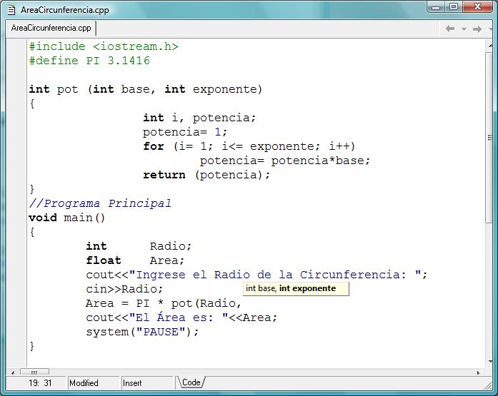 Cuando se ejecuta el programa principal del Ejemplo 03, se llama a la función pot en la instrucción donde se calcula el área de la circunferencia, cuando el computador interpreta dicha instrucción se