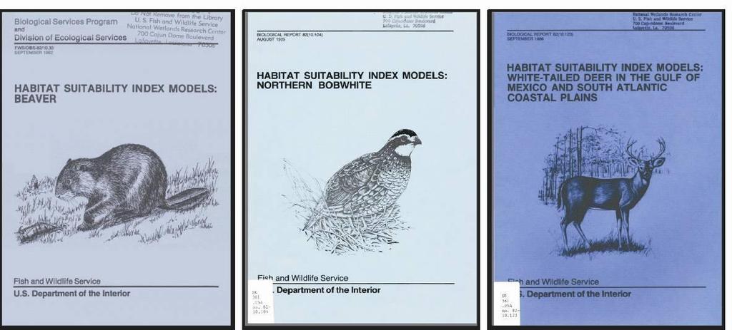 Figura 3. Muestra de algunos HSI publicados por el Servicio de Pesca y Vida silvestre de los Estados Unidos. Larson et al.